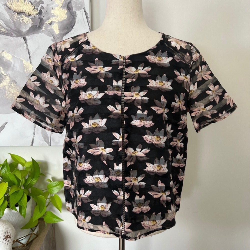 BCNU Floral Burnout Mesh Top Large Black Pink Lotus Sheer Y2K Fairy Whimsigoth